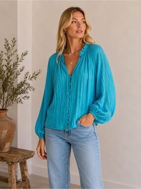 NWT Mint Velvet Turquoise Boho Balloon sleeve blouse Crinkle Whimsy crochet S M